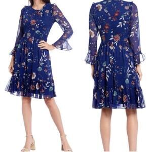 Calvin Klein Women's Floral A-Line Dress Bell Sleeves Size 8 Blue Fall Cocktail